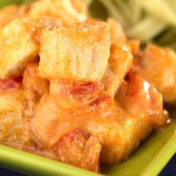 Fish goulash out of diamond dogfish prepared in Hungarian style (Selective Focus, Focus on the fish piece on the top) 