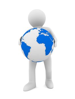 man and globe on white background. Isolated 3D image