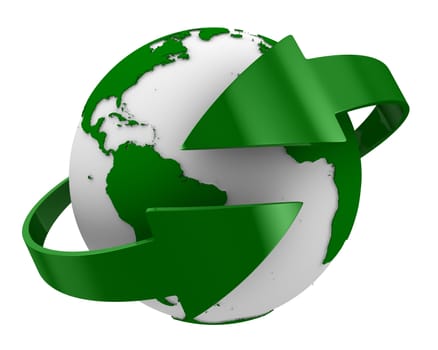 Globe and arrows on white background. Isolated 3D image