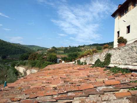 Old roof of the Tuscan villa amongst vineyards and an olive groves