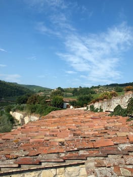 Old roof of the Tuscan villa amongst vineyards and an olive groves