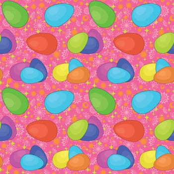 Seamless background, colorful Easter eggs and abstract floral pattern.