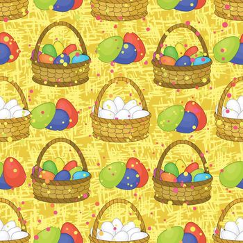 Seamless background, basket with colorful painted chicken Easter eggs.