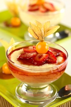 Semolina pudding with strawberry, strawberry sauce and a physalis (Selective Focus, Focus one third into the bowl)