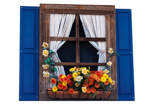 Country style window with flowers,planter, shutters and curtains, isolated