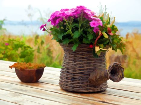 Beautiful still life basket of flowers on a wooden table digital art manipulated