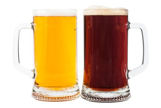 Light and brown beer in two glasses isolated over white background