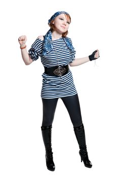 The beautiful girl dressed as the pirate isolated on white background