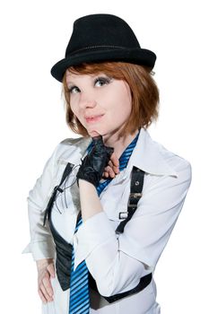 The beautiful girl dressed as the gangster isolated on white background