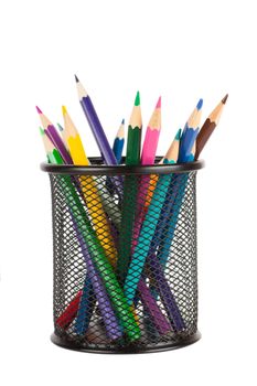 Colorful pencils in a cup isolated over white background
