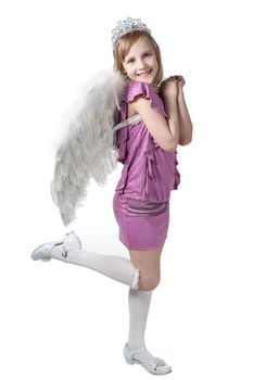 little princess in purple dress and wings isolated on white