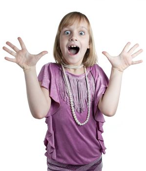 little princess in purple dress isolated on white