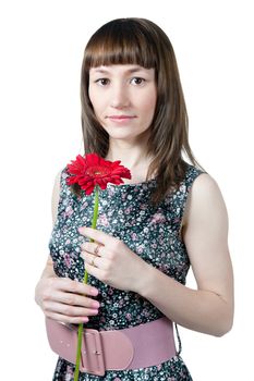 Women in flower pattern dress with red flower isolated on white