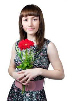 Women in flower pattern dress with red flower isolated on white