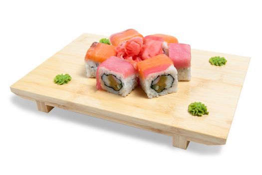 rolled sushi on  wooden stand isolated on white background