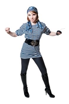 The beautiful girl dressed as the pirate isolated on white background