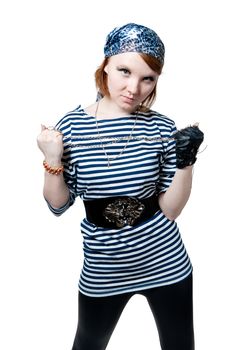 The beautiful girl dressed as the pirate isolated on white background