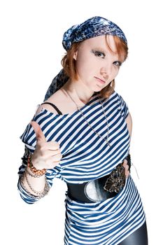 The beautiful girl dressed as the pirate isolated on white background