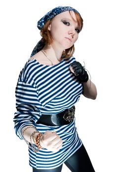 The beautiful girl dressed as the pirate isolated on white background