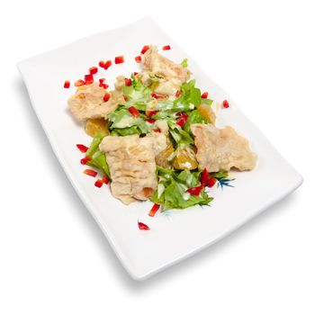 Salad with salmon tempura isolated on white background