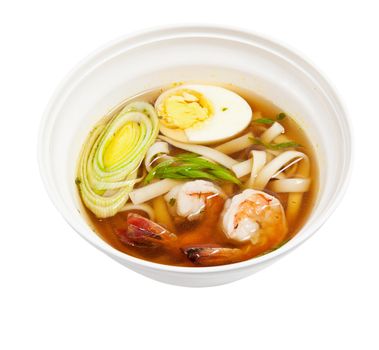 soup noodles with prawns isolated on white background