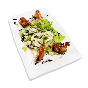 salad with shrimp on plate isolated on white background