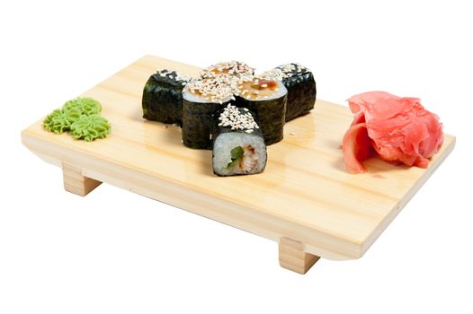 Sushi on wooden stand isolated on white background