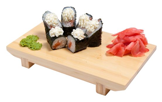 Sushi on wooden stand isolated on white background