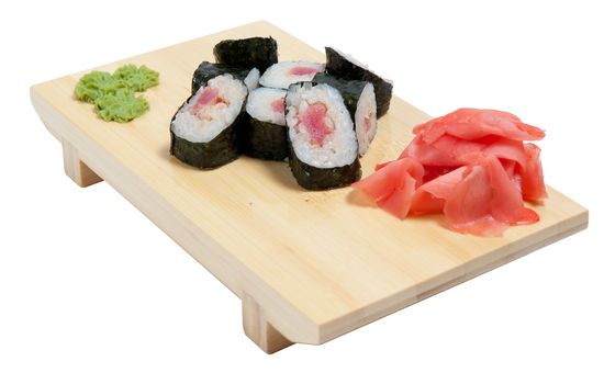 Sushi on wooden stand isolated on white background