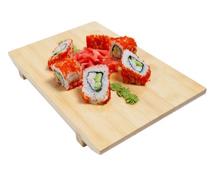 Sushi on wooden stand isolated on white background