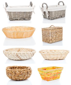 set of wooden baskets, isolated on a white background