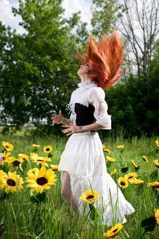 red-haired nymph in a white dress for a fairy glade conjures