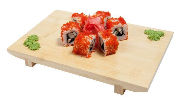 Sushi on wooden stand isolated on white background