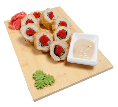 Sushi on wooden stand isolated on white background