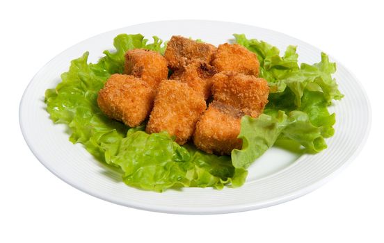 battered salmon on a plate isolated on white background