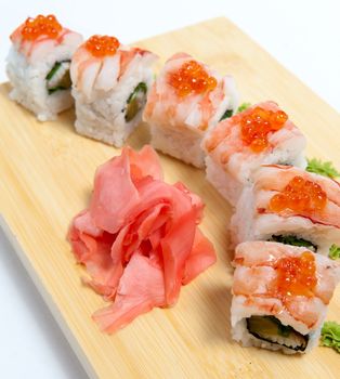 sushi with tiger shrimp isolated on white background