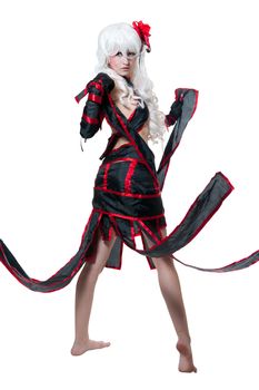 Girl in manga style suit on white