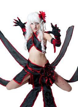 Girl in manga style suit on white