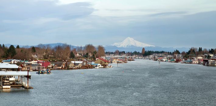 Marina and Houseboats along Columbia River with Mount Hood View Panorama