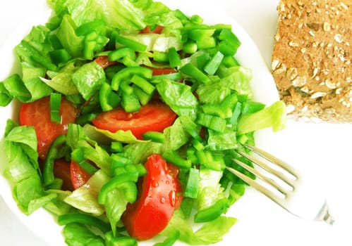 Healthy vegetarian Salad and bread on the white plate over white 