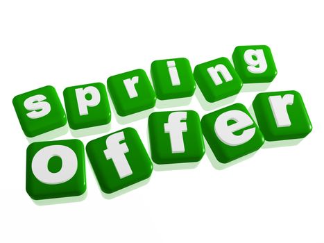 spring offer text - 3d green cubes with letters, business marketing concept