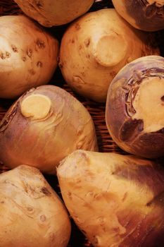 turnips in basket in farmers market