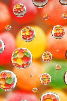 abstract background, selective focus on candy reflected in droplets