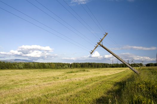 rural landscape; falling telegraph poles