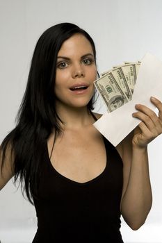 Woman with hundred-dollar bills. 