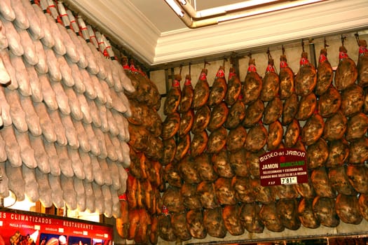 Huge assortment of spanish jamon at various price and quality points.