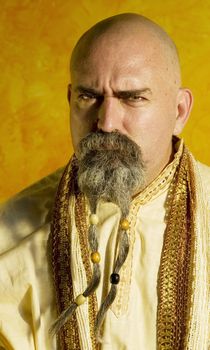Funny bald guru with a long beaded beard.