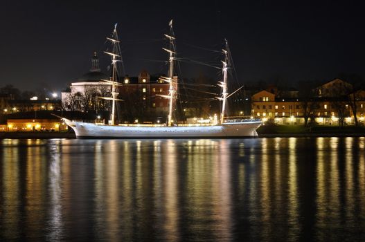 The full-rigged vessel af Chapman in Stockholm by night.