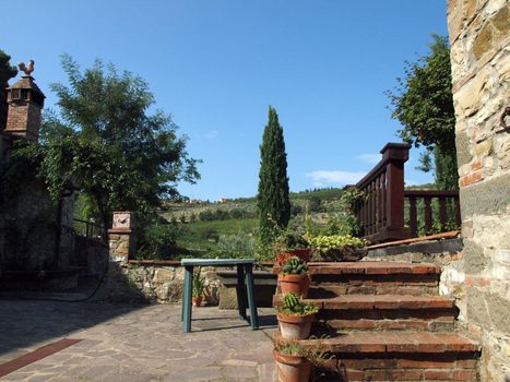 terrace with the view on vineyards in Tuscany