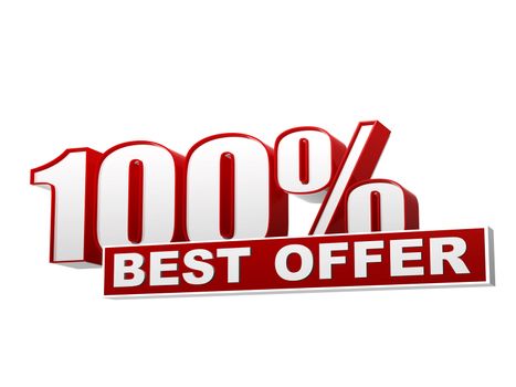 text 100 percentages best offer 3d red white banner, letters and block, business concept